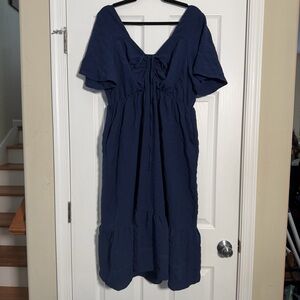 Elegant Navy Blue Women's Dress W/ Ruched Tie Design & Flowy Sleeves